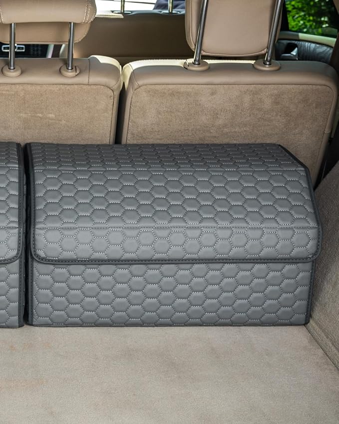 Owleys Foldable Trunk Organizer For Car - Trunk Organizers Car Storage - Collapsible Auto Trunk Organizer With Lid - Small And Large Cargo Organizer - Trunk Organization (Gray 21)