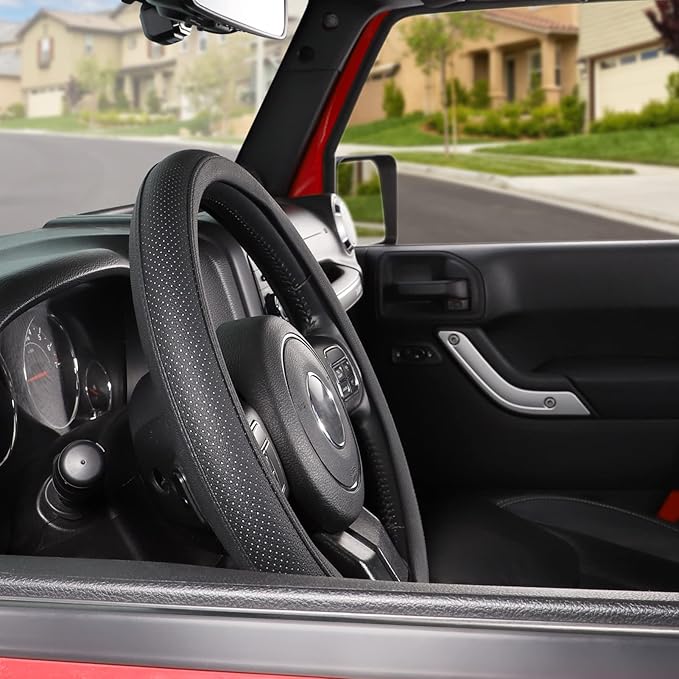 SEG Direct Car Steering Wheel Cover for F-150 Tundra Range Rover Large Size 15.5-16 inch (39.5-41cm) Black Breathable Microfiber Leather