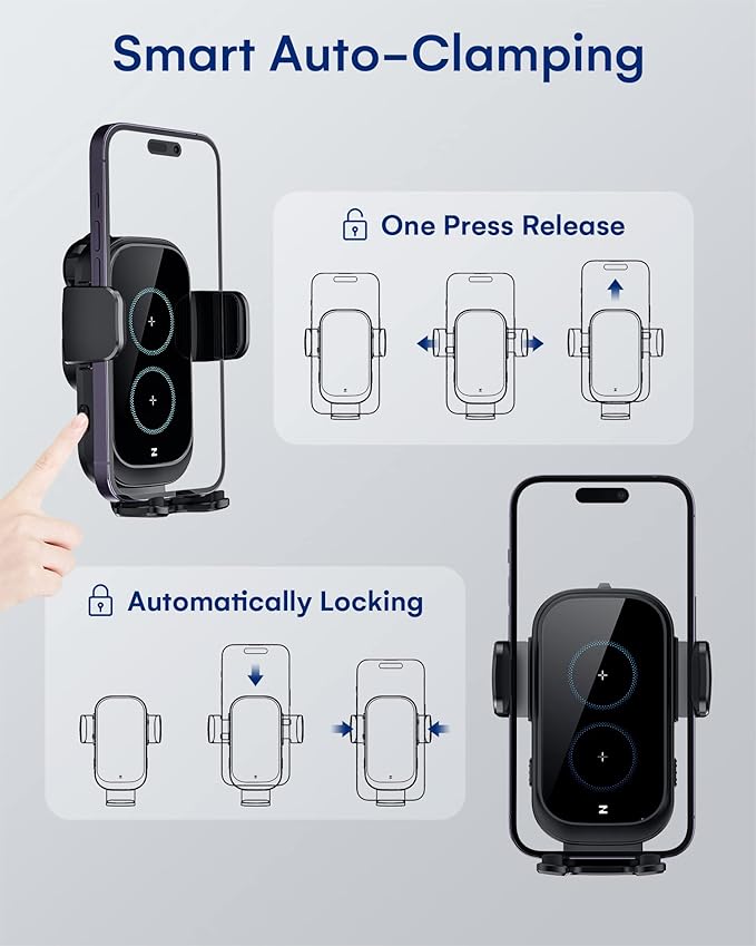 Wireless Car Charger, ZEEHOO DUOXX Dual Coils 15W Fast Charging Auto-Clamping Car Mount, Dash& Vent Wireless Car Phone Charger Holder for iPhone 15 14 13 12, Samsung Z Flip 4 3, S23+, etc