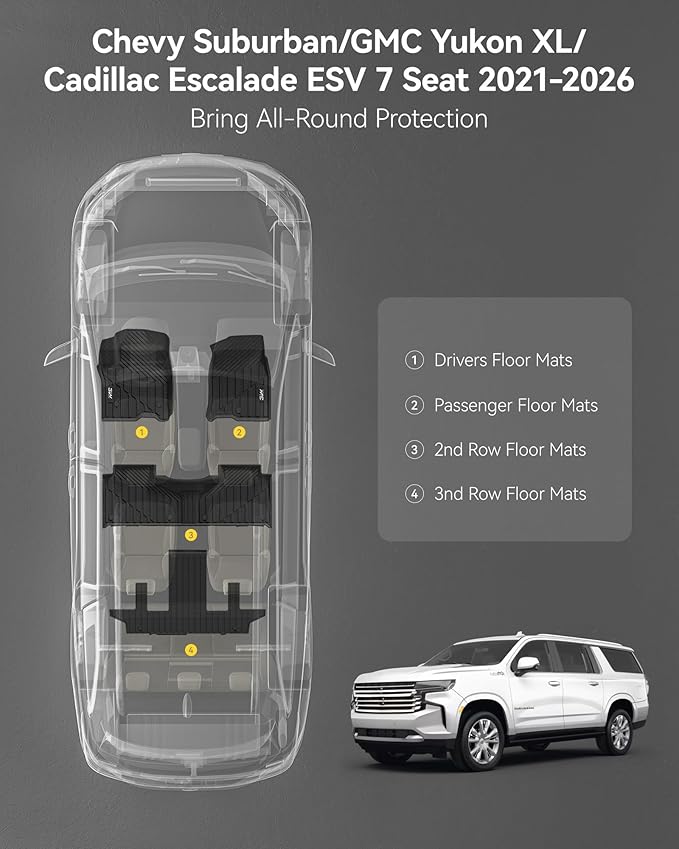 3W Floor Mats Fit for 2021 2022 2023 2025 2026 Chevy Suburban/GMC Yukon XL/Cadillac Escalade ESV 7 Seat, TPE All Weather Custom Fit Car Accessories Full Set Car Liners for Bucket Seat