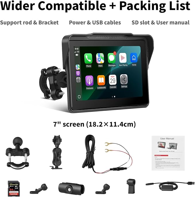 Motorcycle CarPlay Screen 7", Waterproof GPS Display for Motorbike, Wireless CarPlay & Android Auto para Moto, Dual Bluetooth, Touchscreen, Music Sharing Siri (7" Wireless CarPlay)