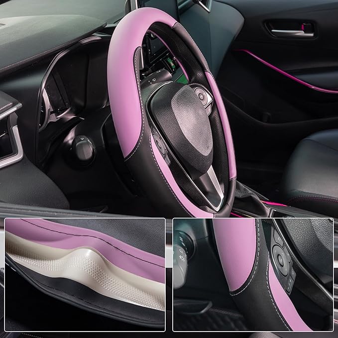 SEG Direct Car Steering Wheel Cover for Women Men, Standard Size 14.5-15 inch (37-39 cm), Auto Interior Accessories, Black and Radiant Orchid