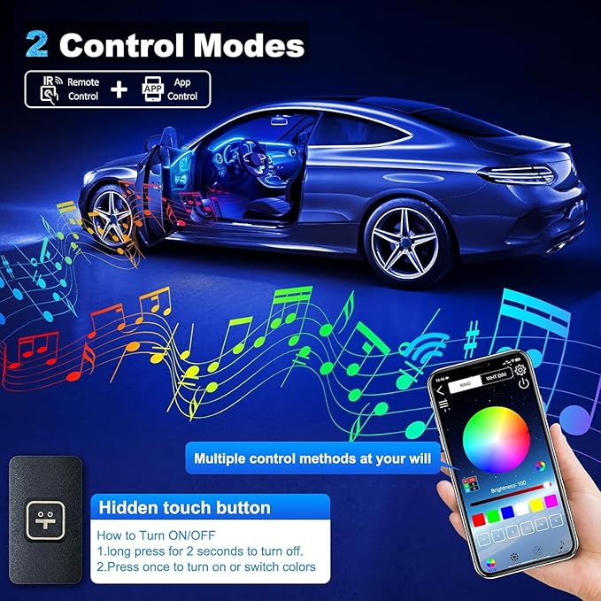 Acrylic Interior Car LED Strip Light with Wireless APP, RGB 10 in 1 with 175 inches 600 LEDs Fiber Optic Car Ambient Lighting Kits, 16 Million Colors Sound Active Function LED Strip for Car