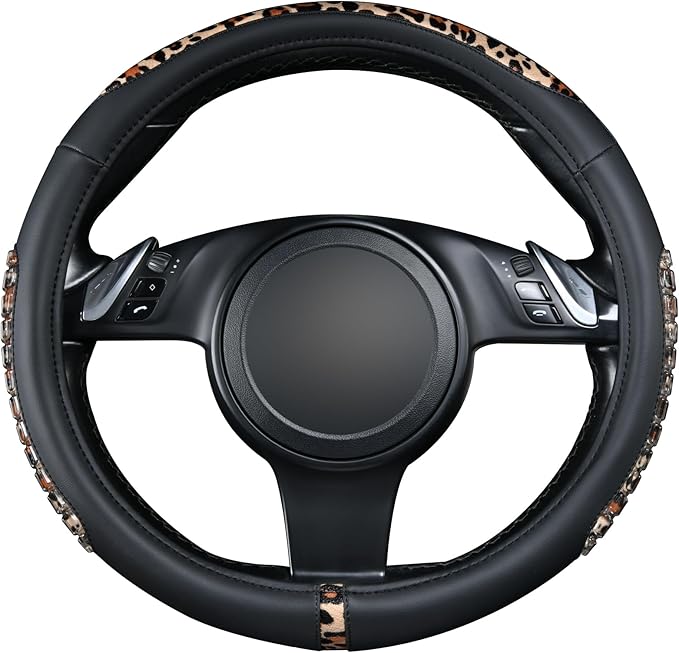 Flying Banner car Steering Wheel Cover Gel Massage Velvet Cool Warm Universal Size 15 inches SUV Truck Anti Slip Odorless Summer Winter (Black Brown Leopard Print, Gel Massage)