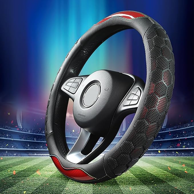 3D Honeycomb Red Steering Wheel Cover, 14.5-15 Inch Non-Slip Breathable Leather Car Steering Wheel Cover for Men Women