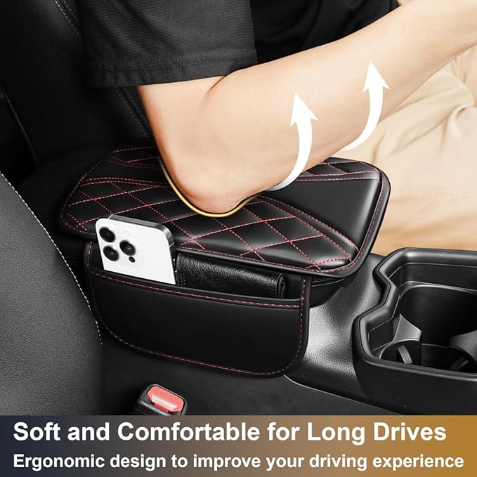 YORKNEIC Center Console Cover Fit for Ford Escape,Upgraded Faux Leather Car Armrest Cover with 2 Storage Bags,Anti-Scratch/Wear-Resistant/Waterproof Car Armrest Cushion Protector(Black&Redline)