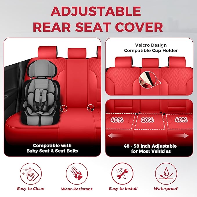 Red Car Seat Covers Full Set - Breathable Faux Leather Universal 5 Seat Covers for Cars, Automotive Protector Fit for Most Sedan SUV Pick-up Truck