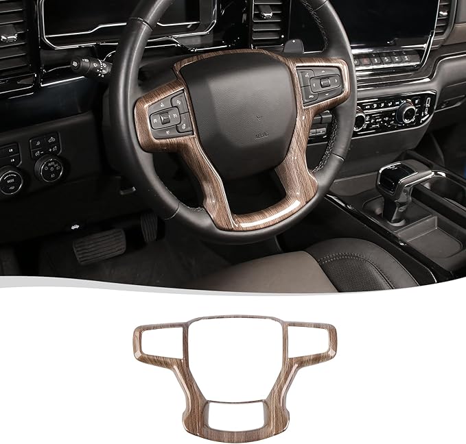 Voodonala for Chevy Silverado Steering Wheel Panel Cover Interior Steering Wheel Accessories Compatible with Chevy Silverado 2019+ Surburban 2020+ Tahoe 2021+(1Pc,ABS,Wood)