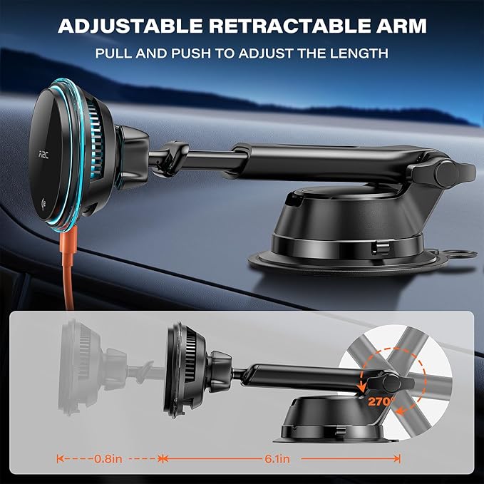 A2C for Qi2 15W Magsafe Car Mount Charger for Dashboard, Qi2-Certified Wireless MagSafe Car Charger with Semiconductor Cooler, Vacuum Magnetic Phone Holder for iPhone 17-12 Series [with PD Adapter]