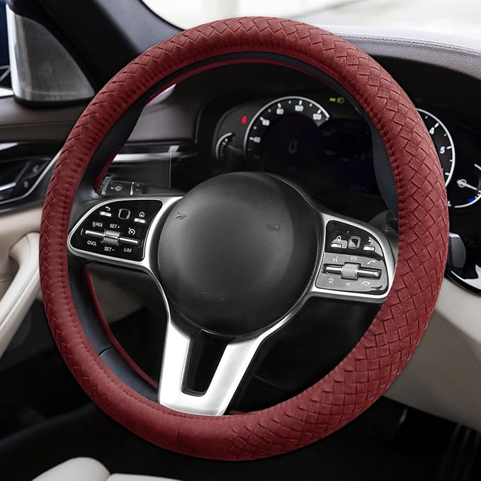 Suede Steering Wheel Cover with Upgraded Silicone Inner Ring, Breathable, Anti-Slip, Leather Universal 14.5 to 15 Inch Steering Wheel Cover (Burgundy with Handwoven Craft)