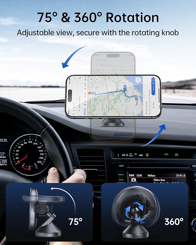 SYNCWIRE for MagSafe Car Mount - 360 Rotation Magnetic Phone Holder for Car Dashboard, Strong Magnets Car Phone Holder Mount Compatible iPhone 16 Pro Max 15 14 13 12,Samsung - MagSafe Car Accessories