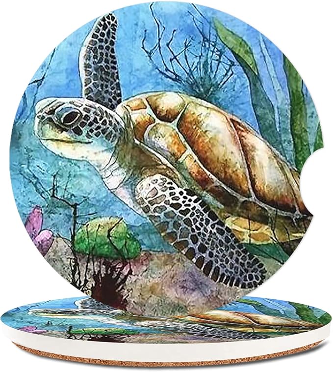 Sea Turtle Lonely Swim Oil Painting in Ocean Absorbent Cup Holders Car Coasters,Ceramic Stone Drinks Coaster Set for Women Man 2.56"(2 Pack)