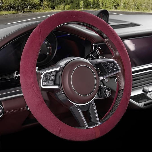 OURTIME Faux Suede Car Steering Wheel Cover, Universal 15 inch,Non-Slip,Comfortable,Soft,Microfiber Breathable Suede Fabric,Warm in Winter and Cool in Summer (Red)