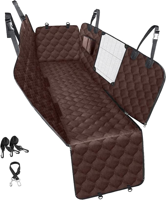 PETICON Dog Car Seat Cover with Mesh Window, 100% Waterproof Pet Seat Cover for Back Seat, Scratchproof Dog Hammock for Cars, Trucks, SUVs, Jeeps, Brown