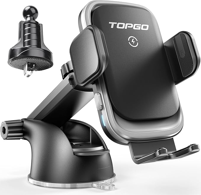 TOPGO Dashboard Wireless Car Charger, Universal Cell Phone Holder, Wireless Charger Phone Holder, 15W Fast Charging for iPhone 17 Pro Max, Samsung Galaxy - Black