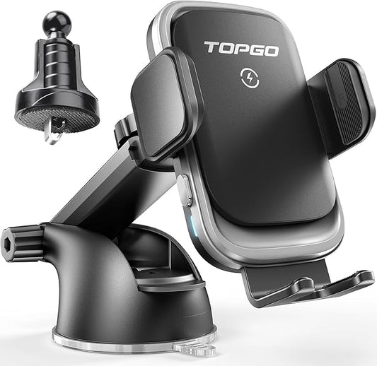 TOPGO Dashboard Wireless Car Charger, Universal Cell Phone Holder, Wireless Charger Phone Holder, 15W Fast Charging for iPhone 17 Pro Max, Samsung Galaxy - Black