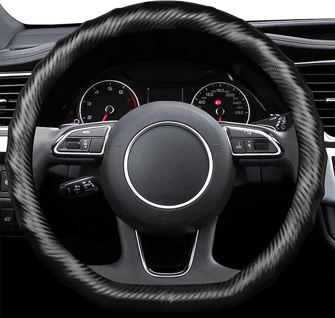 Ergocar Carbon Fiber Material Steering Wheel Cover Anti-Slip Breathable Sweat Absorbent Fashionable Sport Steering Wheel Sleeve for D-Shaped Diameter 15"（37.5-38cm）-Black Ripple