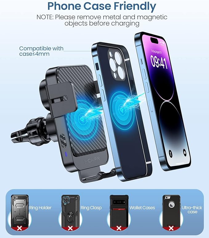 Wireless Car Charger, MOKPR 15W Fast Charging Auto-Clamping Car Mount Universal Hands-Free Car Charger Mount for Dash Windshield Air Vent Compatible with iPhone 16 15/14/13/12, Samsung S23/S22/S21,etc