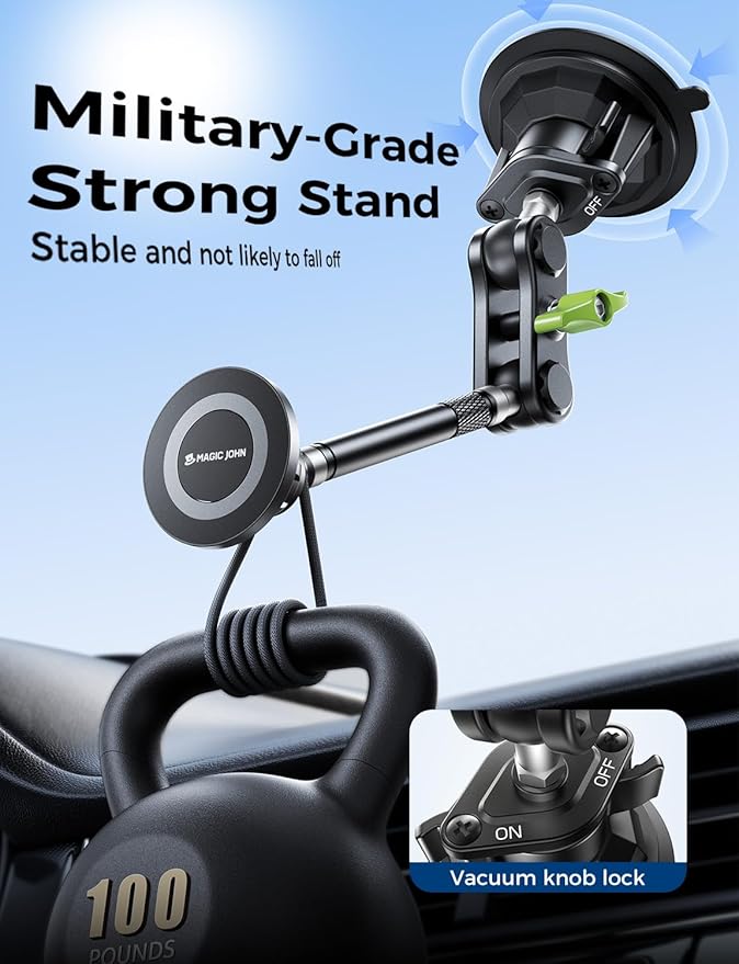 MAGIC JOHN Magnetic Car Phone Holder [Strong Suction&Strong Magnetic] 360° Adjustable Car Phone Mount for Windshield, Ultra-Durable Metal, Suction Cup Car Phone Mount for iPhone Samsung All Smartphone