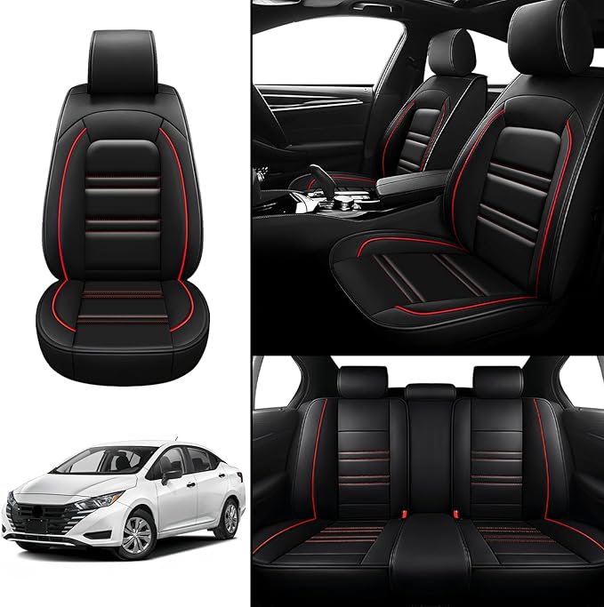 Seat Covers for Nissan Car Versa 2007-2025 | 5-Seats Leather Seat Covers, Easy to Install Automotive Seat Covers Full Set (Full Set, Black&Red Line)