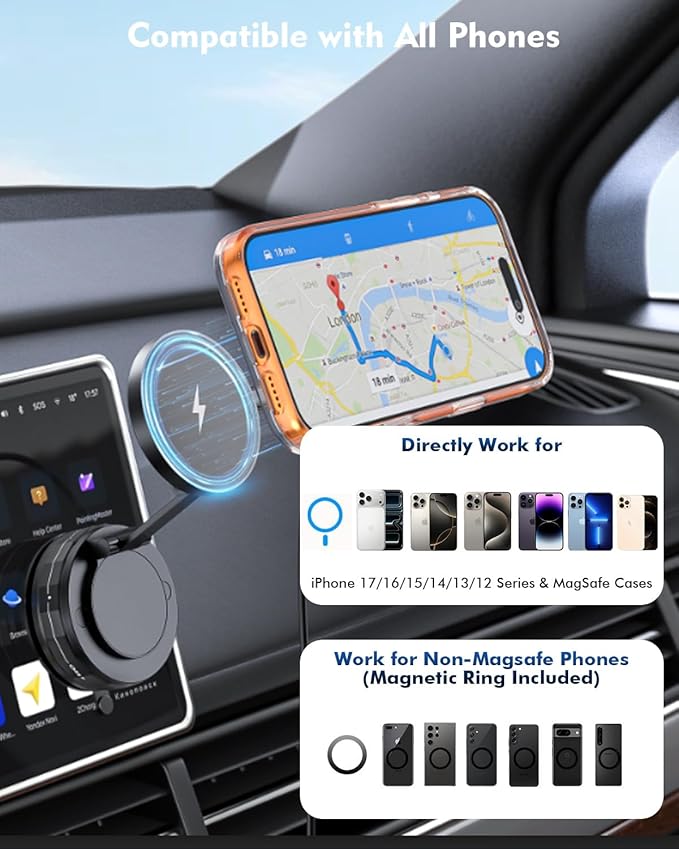 Wireless Car Charger, MagSafe Car Mount Charger [15W Magnetic Fast Wireless Charging] 360° Adjustable Phone Holder Compatible with iPhone 17 16 15 14 13 12 11 X/XS, Samsung S23 Ultra S22 S21 S20/S10+