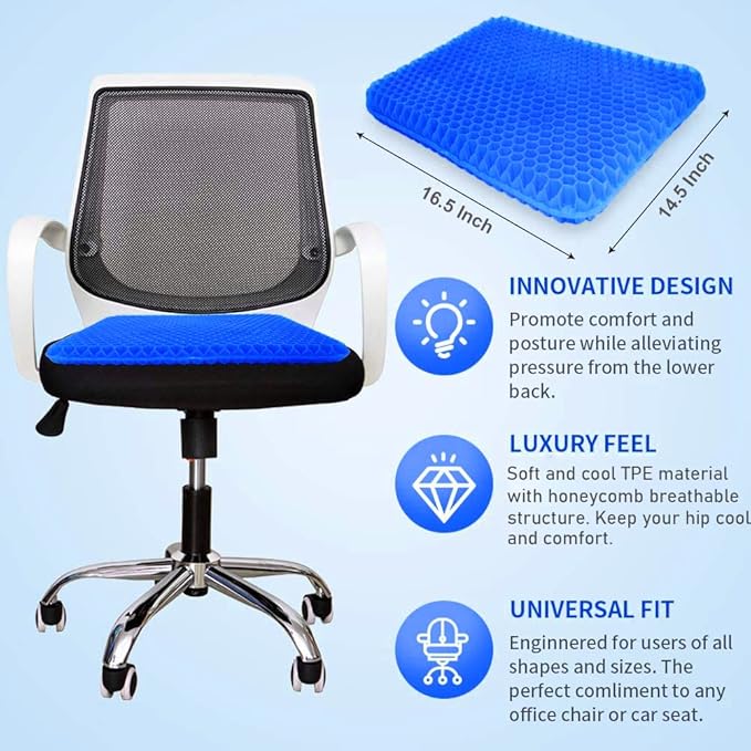 Gel Seat Cushion - Enhanced Double Thick Egg Seat Cushion with Non-Slip Cover - Office Chair Car Seat Cushion - Sciatica & Back Pain Relief - Perfect for Office Chair Car Wheelchair Travel