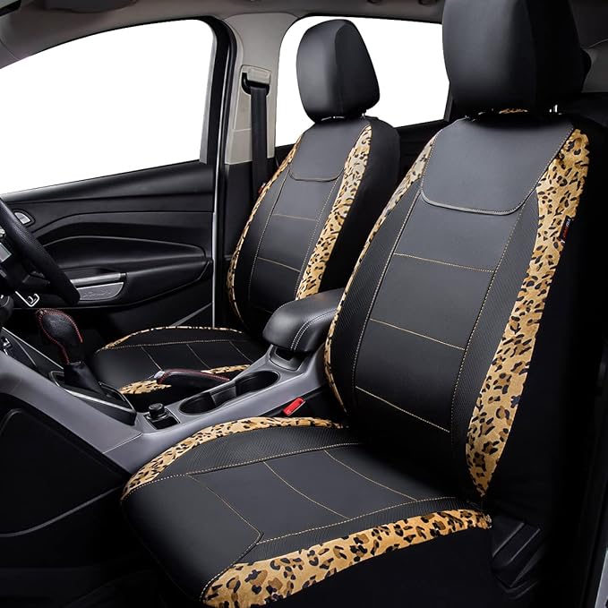 Flying Banner car seat Covers Protects Leopard Printing Velvet Faux Leather Carbon Fiber Front and Rear Bench (Leopard Brown Black, Full Set - 8PCS)