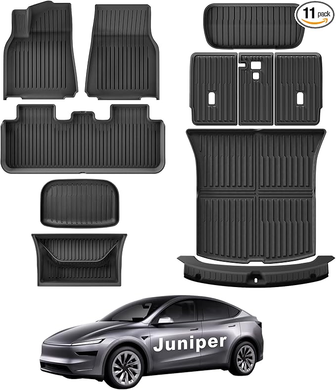 WEIZE Tesla Model Y Juniper Floor Mats 2025 2026, 11 PCS Full Set All Weather Non-Slip Floor Mats & Cargo Liners, Black Car Mats for Tesla Interior Accessories