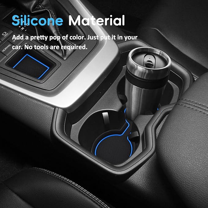 Auovo 3D Cup Holder Insert Liners Compatible with Toyota RAV4 Accessories 2025 2024 2023 2022 2021 2020 2019 Car Custom Cup Holder Mats Pads 4-pc Set (Blue Trim)