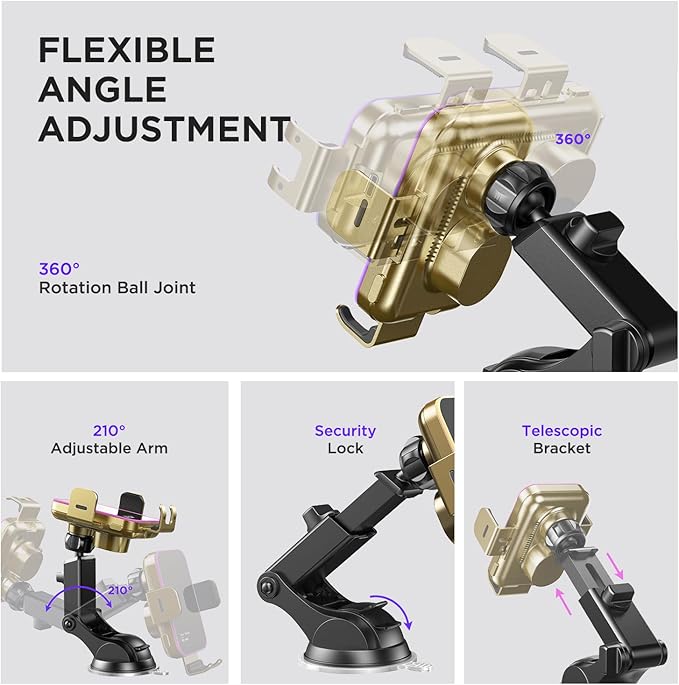 Wireless Car Charger,【7 Colored RGB Backlit】 15W Auto Clamping Phone Holders for Your Car for iPhone 16 15 14 13 12 Mini Pro Max 11 XR XS X, Samsung Galaxy S24 Ultra S23 S22 S21+ Note 20, etc - Gold