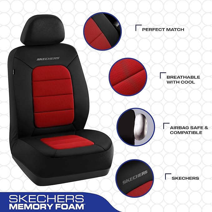 Skechers Memory Foam Seat Covers,Thick Cool Touch Fabric Car Seat Covers,Car Seat Cover Full Set,Airbag Compatible,Automotive Comfort Protection for Most Cars,Vans,Trucks,SUV,Red