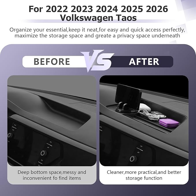 LUWU 2025 VW Taos Dashboard Storage Tray Compatible with 2022 2023 2024 2025 V olkswagen Taos Accessories Behind Screen Organizer Center Console Display Box Dash Tray with Cell Phone Holder Mount