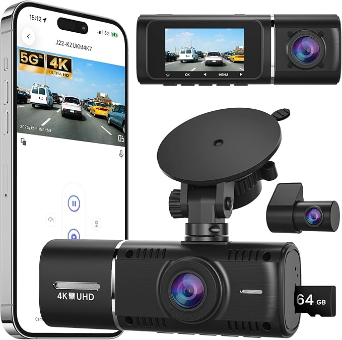 Dash Cam Front and Rear, 4K+1080P Dash Camera with 1.97" Display - Dashcam with 5GHz Wi-Fi APP Control 64GB Card 24H Parking Mode Night Vision Loop Recording WDR 170° Wide Angle G-Sensor Max 256GB