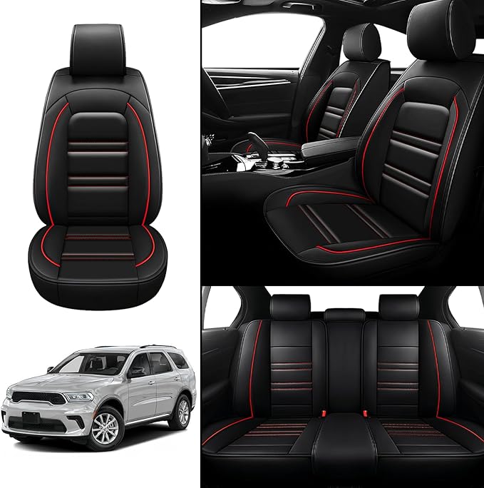Seat Covers for Dodge Durango 2004-2025 | 5-Seats Leather Seat Covers, Easy to Install Automotive Seat Covers Full Set (Full Set, Black&Red Line)