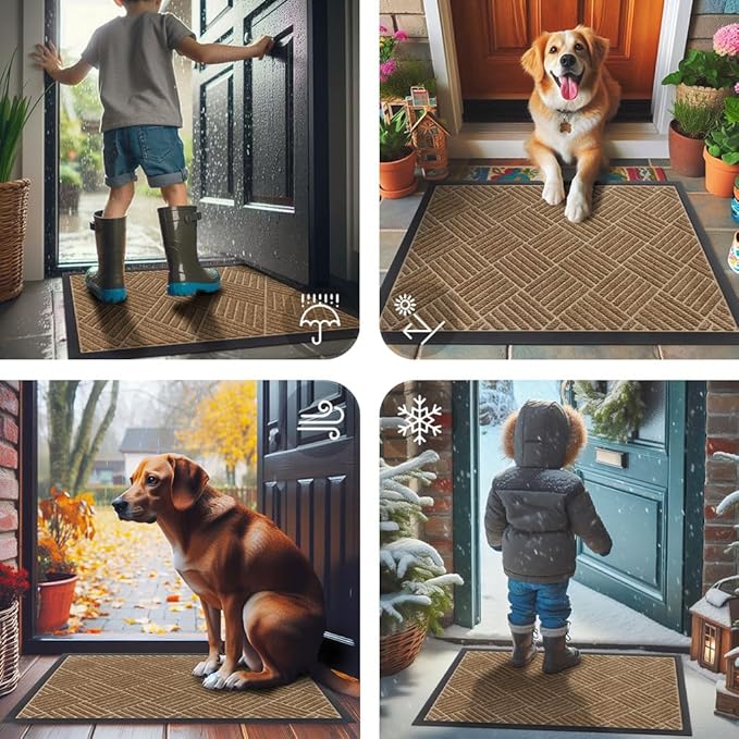 Smiry Front Door Mat Outside Entrance, Heavy Duty Outdoor Indoor Natural Rubber Doormat, Non Slip, Trap Dirt and Moisture, Easy Clean, Low Profile Patio Porch Entryway Mat, 47x32, Coffee