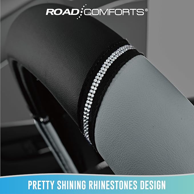 Road Comforts Leather Steering Wheel Cover - Made with PVC Leather - Anti-Slip, Universal Fit 14 1/2 inches to 15 inches - Gray