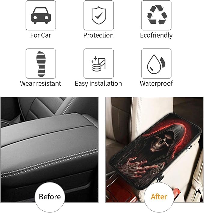 Universal Car Center Console Cushion Pad, Cool Red Skull Soft Waterproof Car Center Console Cover Auto Armrest Seat Box Cover Protector for Most Vehicle SUV Truck Car