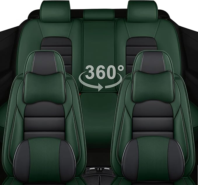 5 Car Seat Covers for Toyota RAV4 2000-2026 Breathable Leather,Waterproof Car Seat Protectors with Comfort Headrest Pillows,Automotive Vehicle Cushion with Storage Pockets (Luxury,Green)