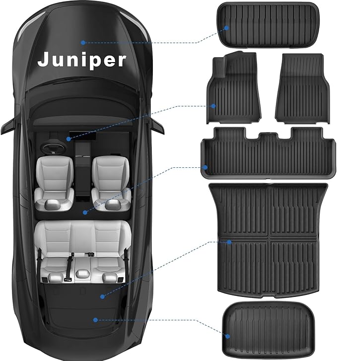 Weize New 2025 2026 Tesla Model Y Juniper Floor Mats and Cargo Liners 5-Seat All Weather Non-Slip Floor Liners and Cargo Trunk Mats Accessories, Set of 6 Mats (ONLY for Tesla Model Y Juniper)