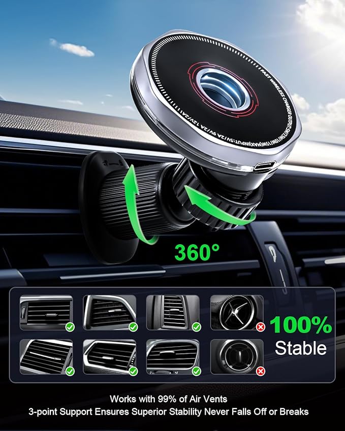 Wireless Car Charger 15W Cell Phone Car Mount, Dashboard/Vent Magnetic Mount for iPhone 16 Pro Max 15 14 13 & Samsung/Android, 360° Rotation Car Phone Holder