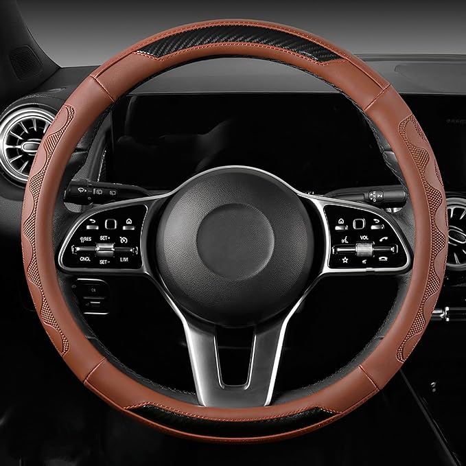 SEG Direct Car Steering Wheel Cover Medium Size 14 1/2"-15" Embossed Microfiber Leather with Carbon Fiber Pattern Brown
