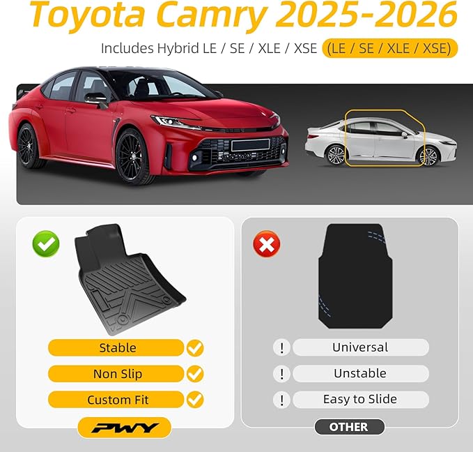 PWY 2025 Toyota Camry Floor Mats (Include Hybrid LE/SE/XLE/XSE), Custom Car Mats, Automotive Liners All Weather, Heavy Duty TPE Floor Liners, 3PCS Car Liners for 1st & 2nd Row, 2026 Car Accessories