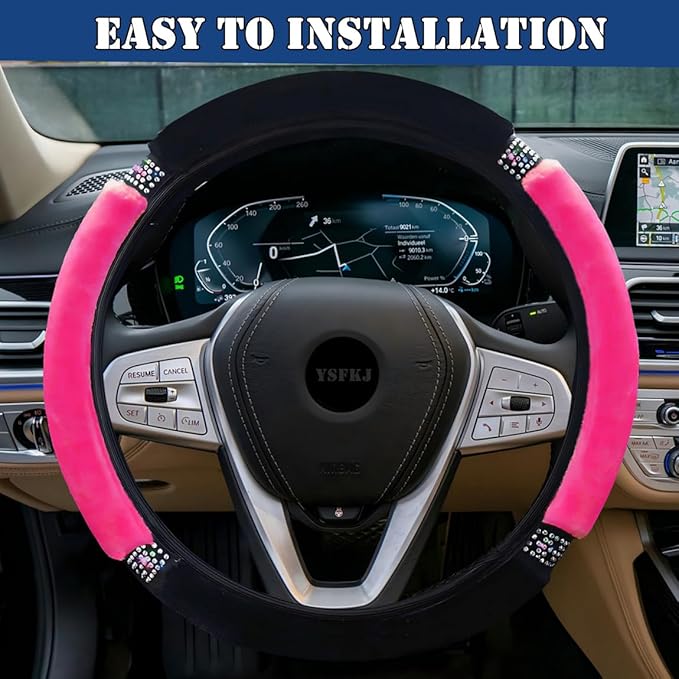 Fluffy Steering Wheel Cover, Universal 15 Inch Colorful Rhinestones Car Steering Wheel Cover, Sparkly Crystal Diamond Steering Wheel Protector for Women Girls,Rose Red