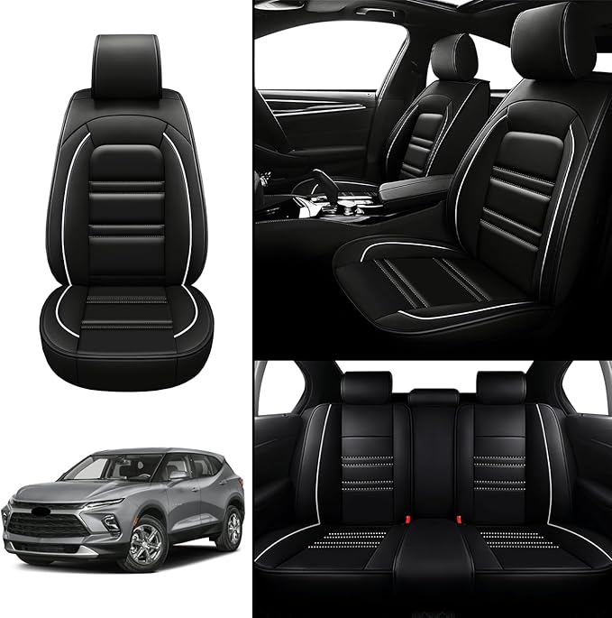 Seat Covers for Chevy Blazer 2019-2025 | 5-Seats Leather Seat Covers, Easy to Install Automotive Seat Covers Full Set (Full Set, Black&White Line)