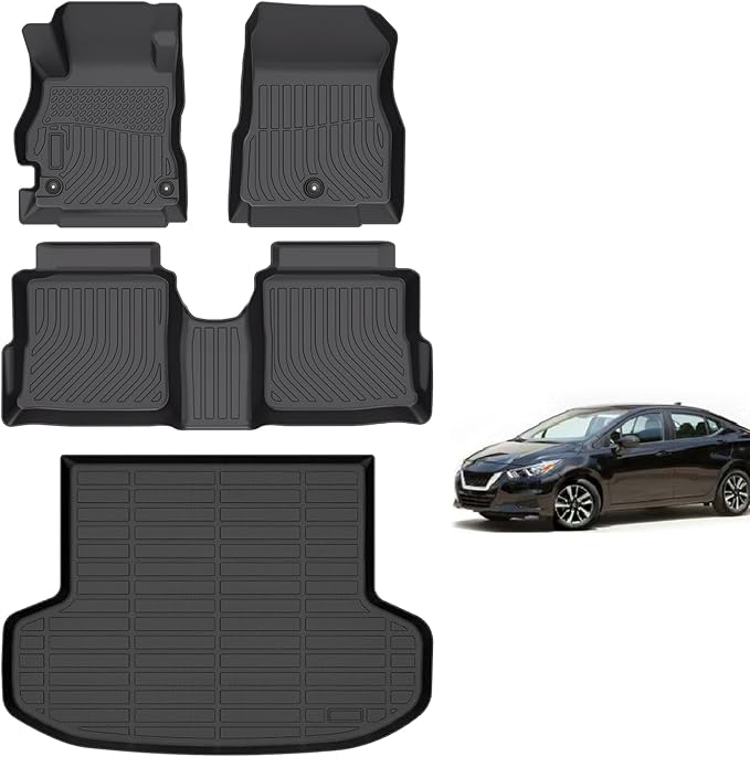 for Nissan Versa Floor Mats 2020 2021 2022 2023 2024 2025(Sedan, S/SV/SR), TPE All Weather Custom Car Floor Mat Anti-Slip Automotive Cargo Trunk Liner Full Set for Nissan Versa Accessories 2020-2025