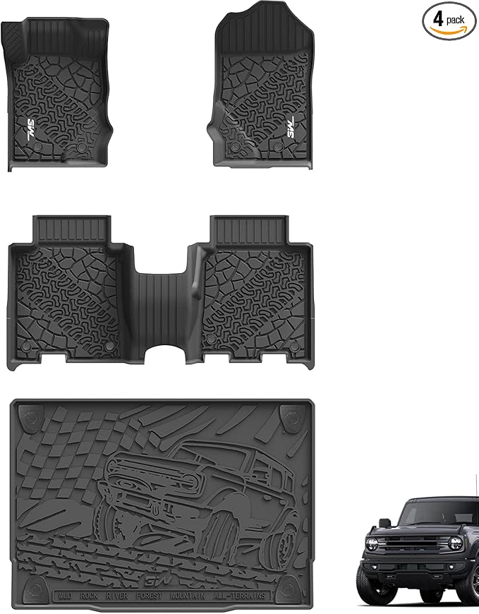 3W Floor Mats & Cargo Liner Fit for 2021-2024 2025 Ford Bronco 4 Door, TPE All Weather Custom Fit Floor Liner 1st 2nd Row and Full Set Trunk Mats, Black (Not for Bronco Sport & Rubberized Floor)
