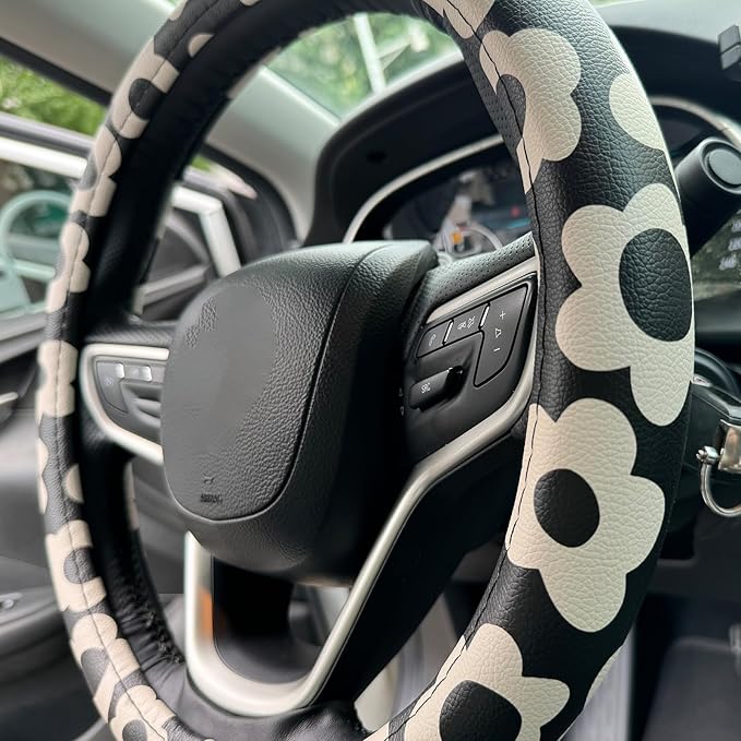 Vintage Groovy Flowers Car Leather Steering Wheel Cover - 15-inch Universal Microfiber- Soft & Breathable & Silicone Anti Slip Auto Steering Wheel Wrap for Women (Black)