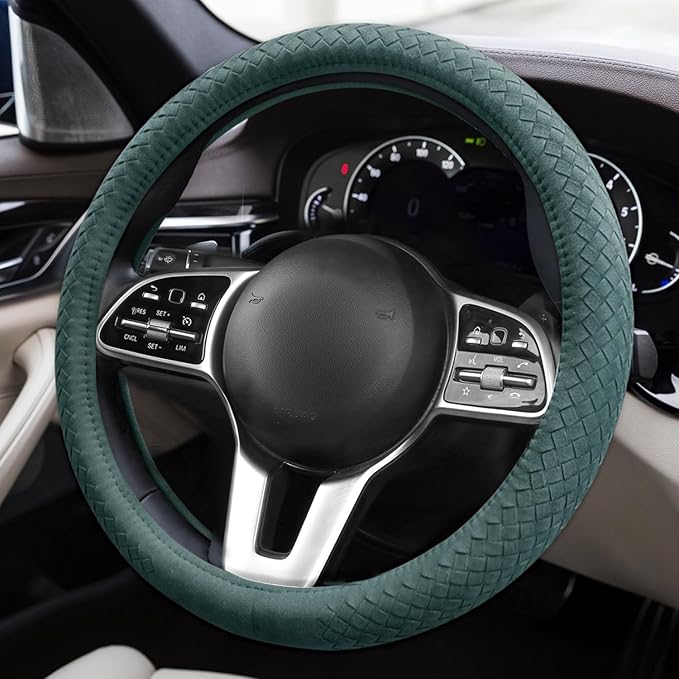 Suede Steering Wheel Cover with Upgraded Silicone Inner Ring, Breathable, Anti-Slip, Leather Universal 14.5 to 15 Inch Steering Wheel Cover (Green with Handwoven Craft)