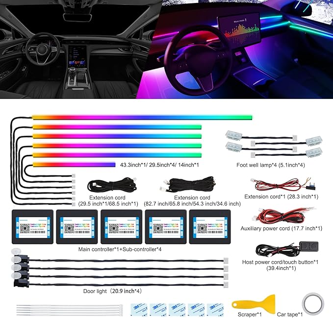 Dreamcolor Acrylic Interior Car LED Strip Light with Wireless APP, RGB 14 in 1 with 175 inches 600 LEDs Fiber Optic Car Ambient Lighting Kits, Dual Zone Sound Active Function LED Strip for Car