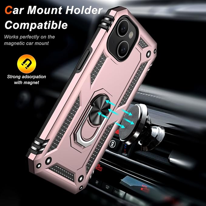IKAZZ for iPhone 14 Plus Case 6.7 Inch with Screen Protector,Military Grade Shockproof Heavy Duty Protective Phone Cover Pass 16ft Drop Test with Magnetic Kickstand Car Mount Holder,Rose Gold